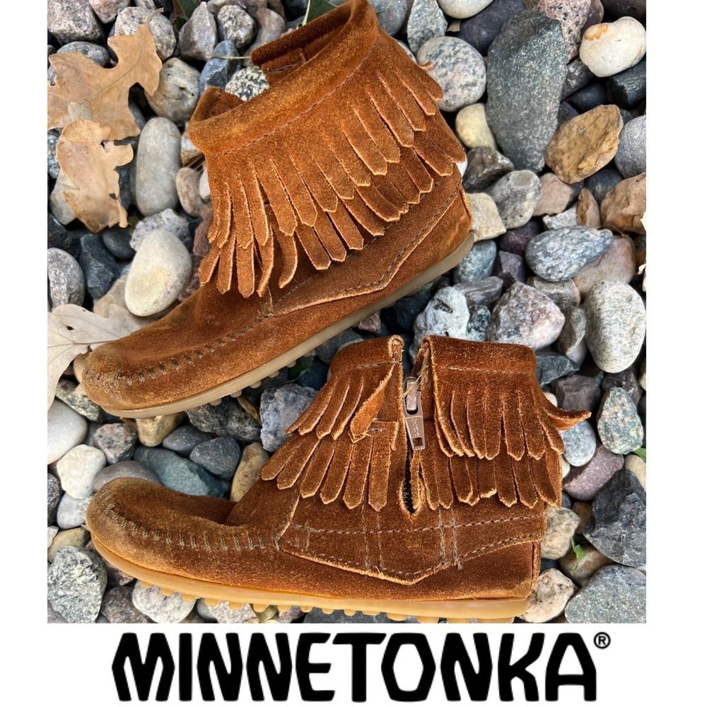 🥾Double Fringe Brown Suede Ankle Boot Minnetonka Moccasin 2292 Unisex Toddler 10